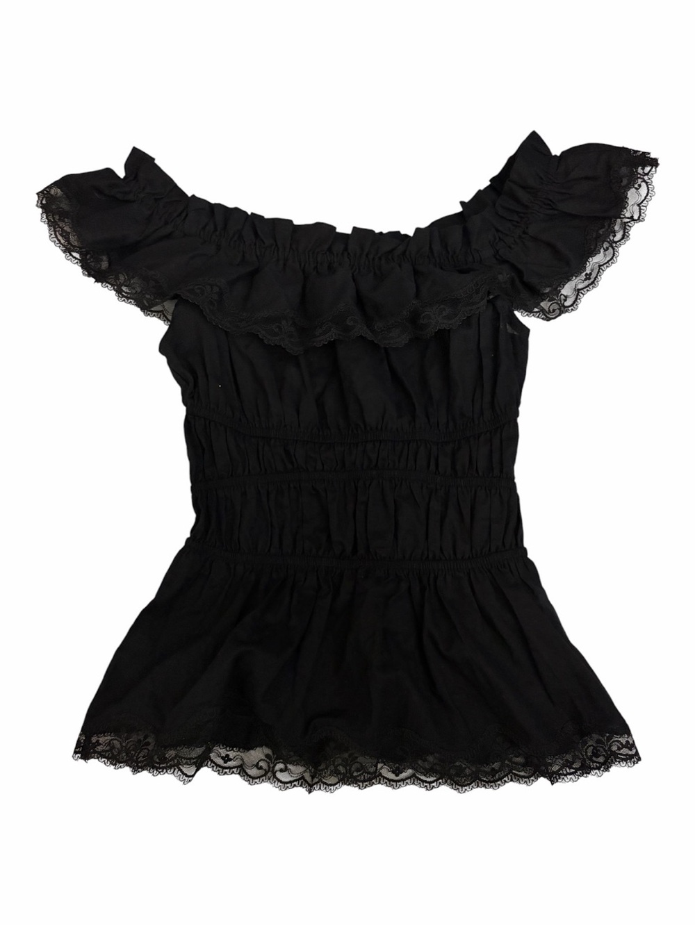 Betsey Johnson Vintage Y2K Black Lace Off Shoulder‎ Ruched Top Sz 2 NWT Rare